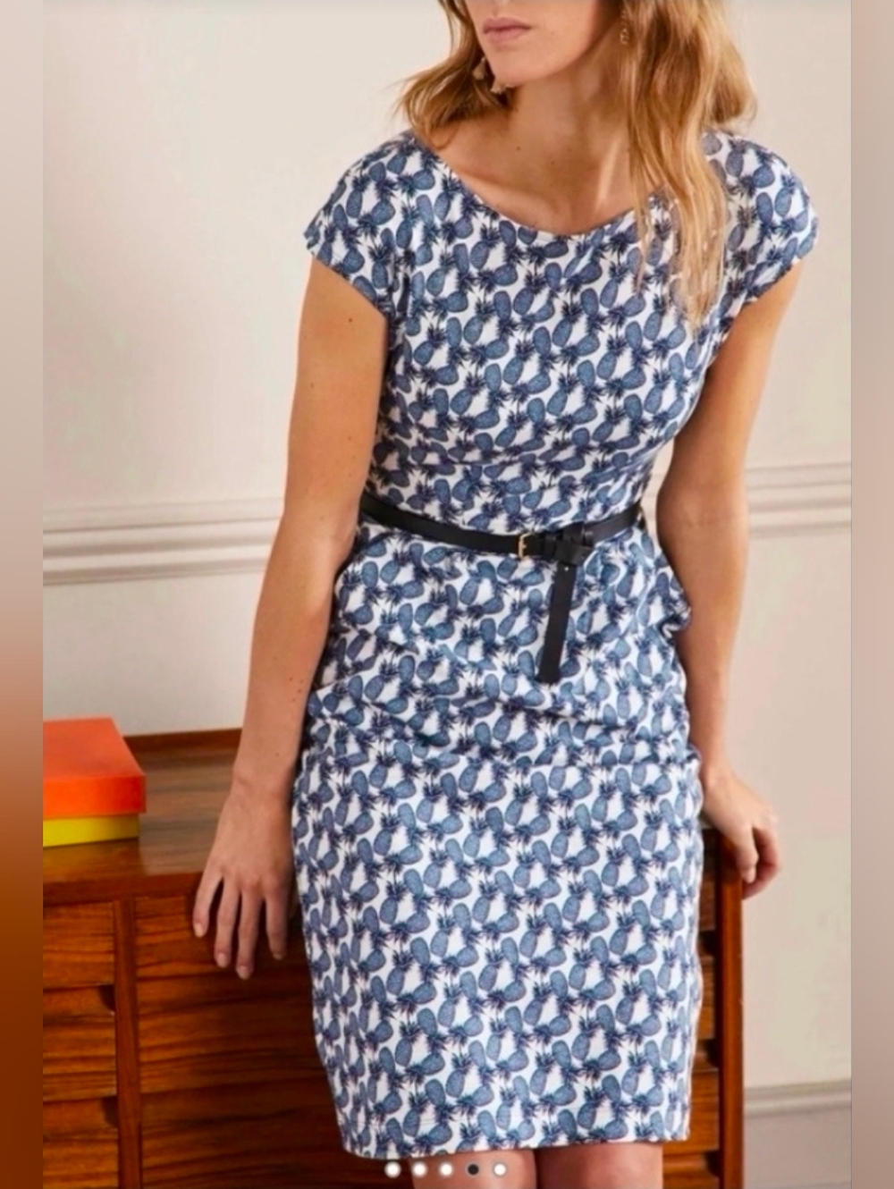 Boden Blue Pineapple Print Cap-Sleeve Jersey Dress - Size 16/18L - Picture 2 of 11
